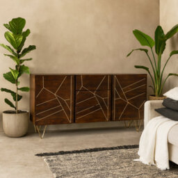 Wyld Haus Bandung Dark Mango Wood And Gold Sideboard Large 3 Drawers 2 Doors