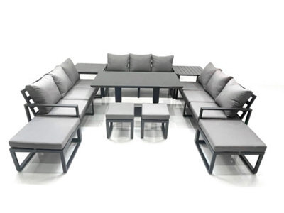 Fimous 13 Seater Garden Sofa Set Aluminium Furniture Rising Dining Tabe Set With 2 Side Tables 4 Footstools Dark Grey - image 1