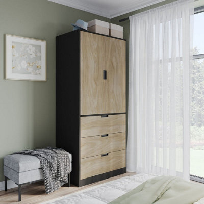 Urbn-Living Urbnliving 180Cm Height Black Wardrobe With Oak 2 Door 3 Drawer Storage And Modern Hanging Rail Furniture - image 1