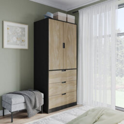 Urbn-Living Urbnliving 180Cm Height Black Wardrobe With Oak 2 Door 3 Drawer Storage And Modern Hanging Rail Furniture