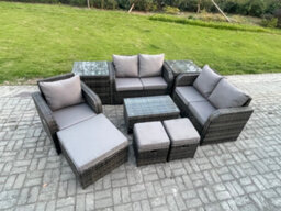 Fimous 8 Seater Rattan Garden Furniture Set With Loveseat Sofa Coffee Table 3 Footstools 2 Side Tables Indoor Outdoor - thumbnail 2
