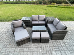 Fimous 8 Seater Rattan Garden Furniture Set With Loveseat Sofa Coffee Table 3 Footstools 2 Side Tables Indoor Outdoor - thumbnail 1