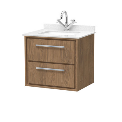 Hudson Reed Lille Wall Hung Two Drawer Contemporary Vanity Unit With Marble Top & Basin In Antique Oak, 620 X 470mm - image 1