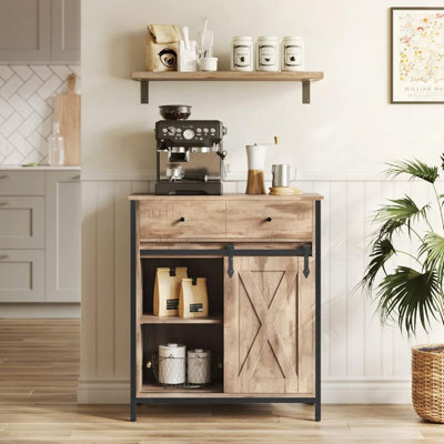 Songmics Kitchen Cabinet, Sliding Door Storage Unit With Adjustable Shelf System, Toasted Oak Colour And Black - image 1