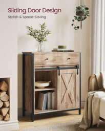 Songmics Kitchen Cabinet, Sliding Door Storage Unit With Adjustable Shelf System, Toasted Oak Colour And Black - thumbnail 8
