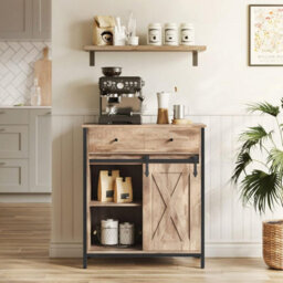 Songmics Kitchen Cabinet, Sliding Door Storage Unit With Adjustable Shelf System, Toasted Oak Colour And Black - thumbnail 1