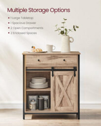 Songmics Kitchen Cabinet, Sliding Door Storage Unit With Adjustable Shelf System, Toasted Oak Colour And Black - thumbnail 3