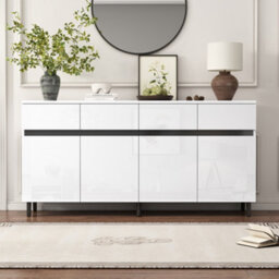 Btm Storage Cabinet Sideboard Buffet With 4 Drawers  4 Doors, Adjustable Shelves, Cupboard For Living Room Or Kitchen, White