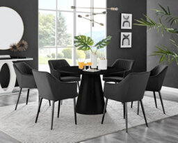 Furniturebox Uk Palma Black Semi Gloss Round Pedestal Dining Table & 6 Black Velvet Calla Black Leg Chairs