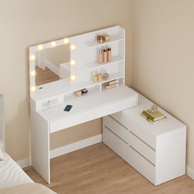 Ledrem Corner Dressing Table With Led Mirror, 8 Drawers And Power Outlets, 100-169.2 X 40-90 X 145.6 Cm, White - image 1