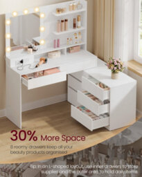Ledrem Corner Dressing Table With Led Mirror, 8 Drawers And Power Outlets, 100-169.2 X 40-90 X 145.6 Cm, White - thumbnail 5