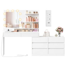 Ledrem Corner Dressing Table With Led Mirror, 8 Drawers And Power Outlets, 100-169.2 X 40-90 X 145.6 Cm, White - thumbnail 2