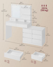 Ledrem Corner Dressing Table With Led Mirror, 8 Drawers And Power Outlets, 100-169.2 X 40-90 X 145.6 Cm, White - thumbnail 6