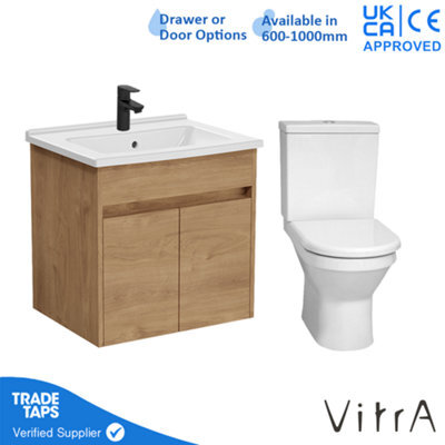 Vitra 600mm Wall Hung Bathroom Vanity Unit With 2 Doors Includes Basin, Black Tap And Close Coupled Toilet Set - Golden Oak - image 1