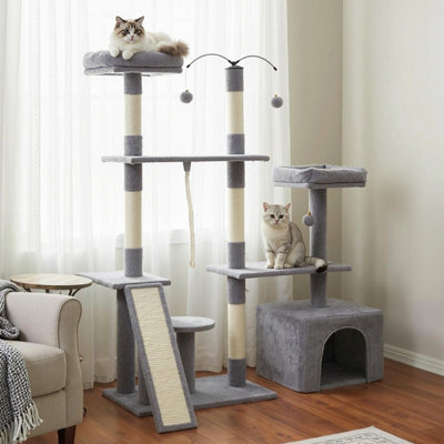 Costway 136 Cm Tall Cat Tree Tower Multi-Level Kitten Play House W/ Sisal Scratching Posts-Light Grey - image 1