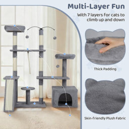 Costway 136 Cm Tall Cat Tree Tower Multi-Level Kitten Play House W/ Sisal Scratching Posts-Light Grey - thumbnail 9