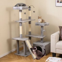 Costway 136 Cm Tall Cat Tree Tower Multi-Level Kitten Play House W/ Sisal Scratching Posts-Light Grey - thumbnail 3