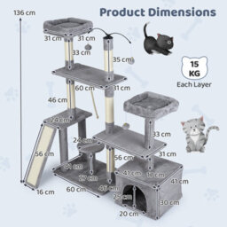 Costway 136 Cm Tall Cat Tree Tower Multi-Level Kitten Play House W/ Sisal Scratching Posts-Light Grey - thumbnail 2