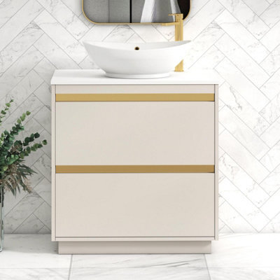 Royal Bathrooms Orion 800mm Warm Taupe Floor Standing Plain White Countertop Vanity Unit 2 Drawer With Amaze Basin & Brushed Brass Accent Trim - image 1