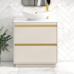 Royal Bathrooms Orion 800mm Warm Taupe Floor Standing Plain White Countertop Vanity Unit 2 Drawer With Amaze Basin & Brushed Brass Accent Trim - thumbnail 2