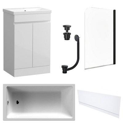 FNX Bathrooms Waterproof 500mm Vanity Unit With Single Ended Bath, Gloss White Front Panel, Matt Black Screen, Bath & Universal Basin Waste - image 1