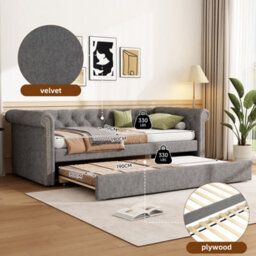 Btm 3Ft Upholstered Daybed Sofa Bed  Velvet Frame, Space Saving Youth Bed For Adults And Teens, Grey - thumbnail 5