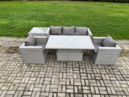 Fimous Rattan Garden Funiture Set Adjustable Rising Lifting Table Loung Sofa Dining Set With 2 Arm Chair Side Coffee Table - thumbnail 1