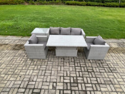 Fimous Rattan Garden Funiture Set Adjustable Rising Lifting Table Loung Sofa Dining Set With 2 Arm Chair Side Coffee Table - thumbnail 2