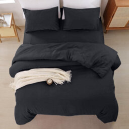 Oxford Homeware Black Double Plain Dyed Duvet Cover, Fitted Sheet & Pillowcases Set 4 Piece Bed Sets - thumbnail 6
