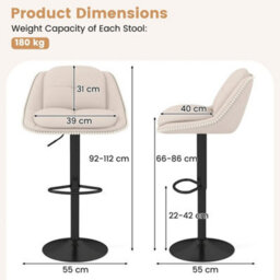 Set Of 2 Modern Adjustable Chenille Upholstered Bar Stools - thumbnail 2