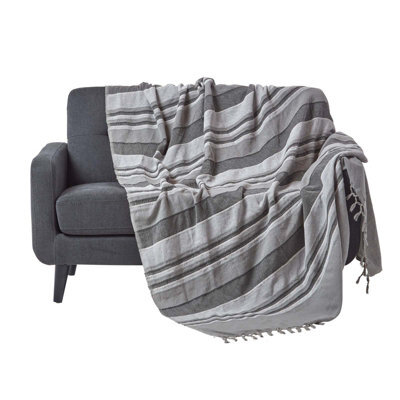 Homescapes Cotton Morocco Striped Grey Throw, 255 X 360 Cm - image 1