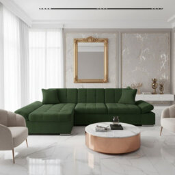 Malwi Left Hand Corner Sofa Bed With Storage Modern Green Corduroy Design With Pullout  Guest Bed