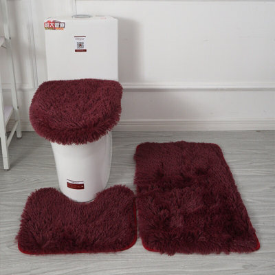 Burgundy 3-Piece Plush Bathroom Mat Set - Absorbent, Non-Slip & Washable For Toilet Areas - image 1