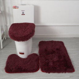 Burgundy 3-Piece Plush Bathroom Mat Set - Absorbent, Non-Slip & Washable For Toilet Areas - thumbnail 1