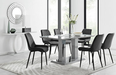 Furniturebox Imperia Grey High Gloss 6 Seater Dining Table With Structural 2 Plinth Column Legs 6 Black Velvet Black Leg Pesaro Chairs - image 1
