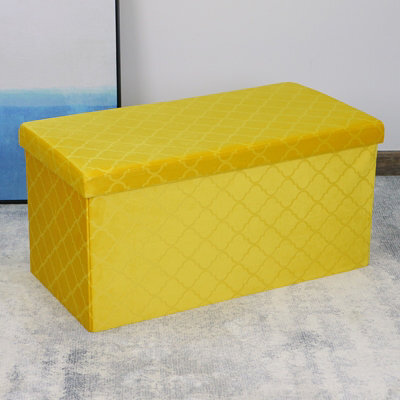 Foldable Velvet Lattice Trellis Storage Box Ottoman Cube 76Cmx38Cm For Bedroom, Living Room, Hallway - Ochre Yellow - image 1