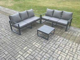 Fimous Aluminium 3 Pieces Garden Furniture Sofa Set With Cushions 6 Seater Outdoor Patio Set With Coffee Table Dark Grey - thumbnail 2