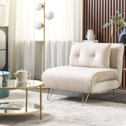 Wyld And Coco Beige Velvet 1-Seater Sofa Bed With Fold-Out Mechanism And Gold Legs, Single Bed - thumbnail 2