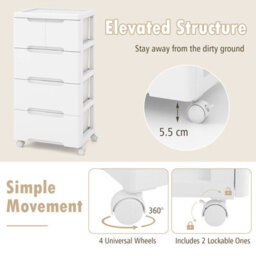 Costway 5-Drawer Rolling Cabinet Plastic Storage Cart 4-Tier Drawer Dresser W/ Wheels - thumbnail 8