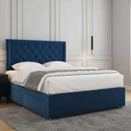 REGIONAL FURNISHINGS Divan Bed Set Blue Plush Velvet Upholstered 24Inch Headboard 2Drawersfootend & Mattress In Double King 4Ft 6Ft Sizes - thumbnail 3