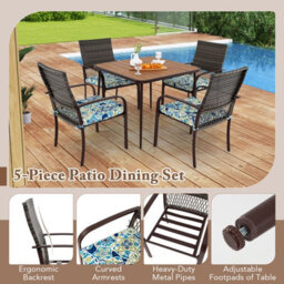 Costway 5 Pieces Patio Dining Set 4 Cushioned Rattan Armchairs & Square Table - thumbnail 3