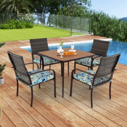 Costway 5 Pieces Patio Dining Set 4 Cushioned Rattan Armchairs & Square Table - thumbnail 9