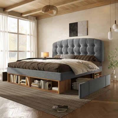 Double Velvet Storage Bed With Drawers & Adjustable Headboard - image 1