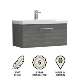 Balterley Bramshall Modern Bathroom Wall Hung 1 Soft Close Drawer Vanity Unit & Mid-Edge Basin, Anthracite, 810mm - thumbnail 6