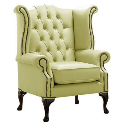 Chesterfield High Back Wing Chair Shelly Chartreuse Leather Bespoke In Queen Anne Style - image 1
