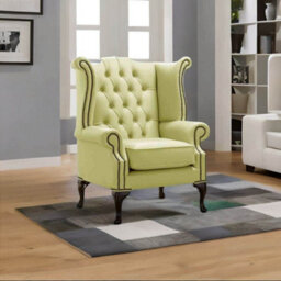 Chesterfield High Back Wing Chair Shelly Chartreuse Leather Bespoke In Queen Anne Style - thumbnail 3
