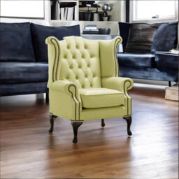 Chesterfield High Back Wing Chair Shelly Chartreuse Leather Bespoke In Queen Anne Style - thumbnail 2