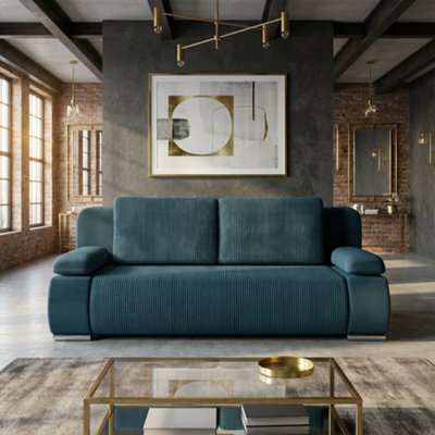 Emma M Corduroy Sofa Bed For Living Room Mdf Frame With Storage Loose Back Cushions 200X92X77 Cm Blue - image 1