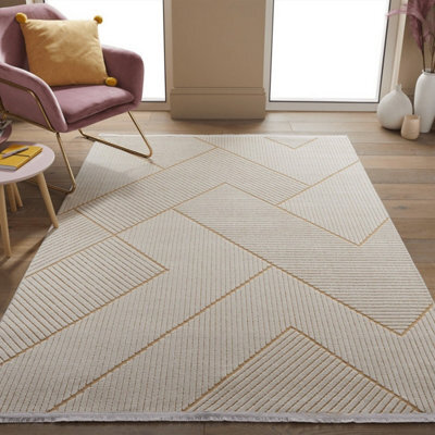 Cream Outdoor Rug, Geometric Striped Stain-Resistant Rug For Patio Decks, 3mm Modern Outdoor Area Rug-190Cm X 290Cm