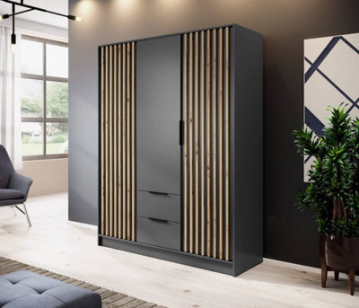 Arte Nelly Contemporary Hinged 3 Door Wardrobe Graphite 2 Drawers 8 Shelves 1 Hanging Rail Lamela Decor (H)2000mm (W)1550mm (D)510mm - image 1